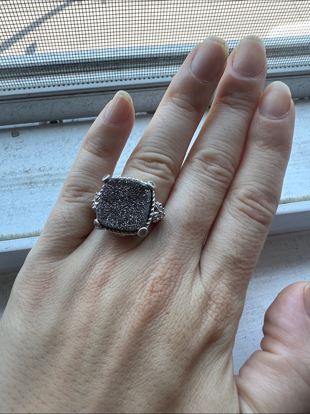 Judith Ripka sterling silver cz and sparkle druzy quart ring 
Size 7